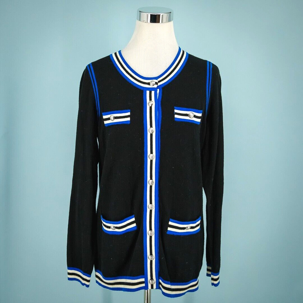 Talbots Size Medium M Black Blue White Stripe Cotton Cashmere Cardigan Sweater